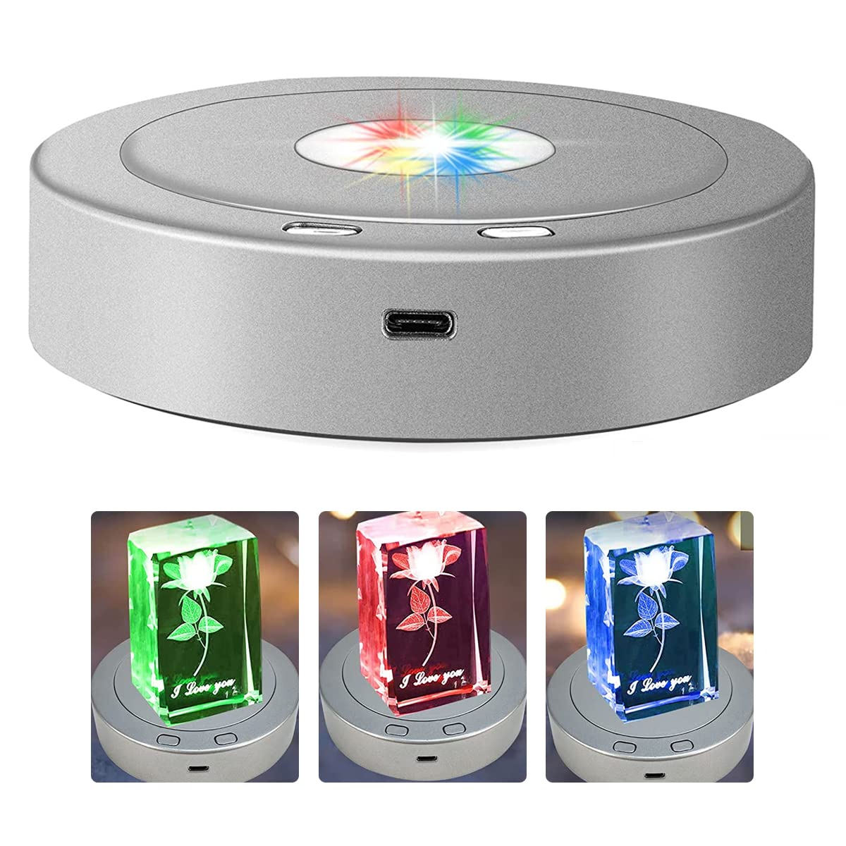 HASTHIP 1Pcs Rotating Display Stand, Display Stand with Colored Lights, Lighted LED Base for Glass Art with 4 Revolving & 8 Light Modes, USB Charging & Battery-Operated (Without Battery) HASTHIP 1Pcs Rotating Display Stand, Display Stand with Colored Lights, Lighted LED Base for Glass Art with 4 Revolving & 8 Light Modes, USB Charging & Battery-Operated (Without Battery)